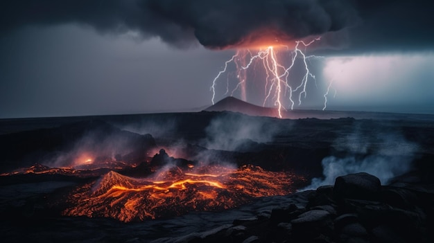 A lightning bolting through the sky over a volcano Generative AI image