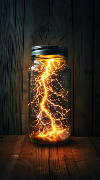 Lightning captured in a jar on a wooden background