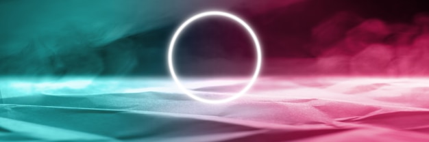 Lightning circle. Synth wave and retro wave, vaporwave futuristic aesthetics. Glowing neon style. Horizontal wallpaper, background. Stylish flyer for ad, offer, bright colors and smoke neoned effect.