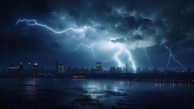 Lightning over the city at night