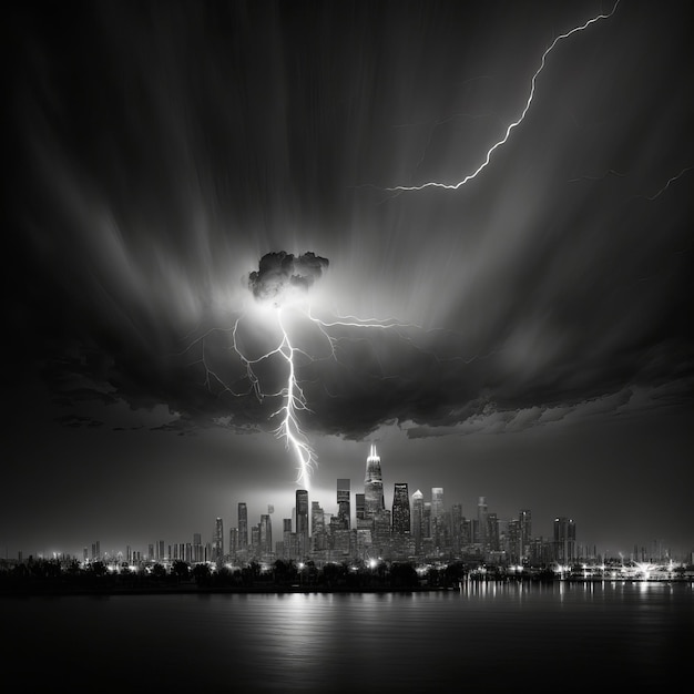 Lightning over the city in a realistic style Generative AI