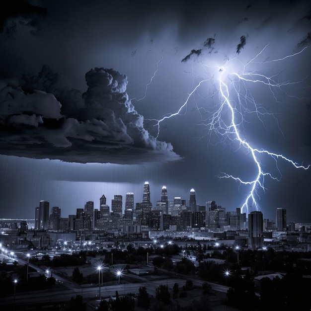 Lightning over the city in a realistic style Generative AI