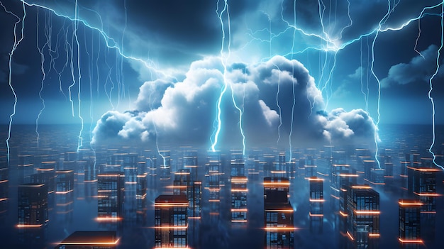 Lightning over a city with a cloud and lightning bolts generative ai