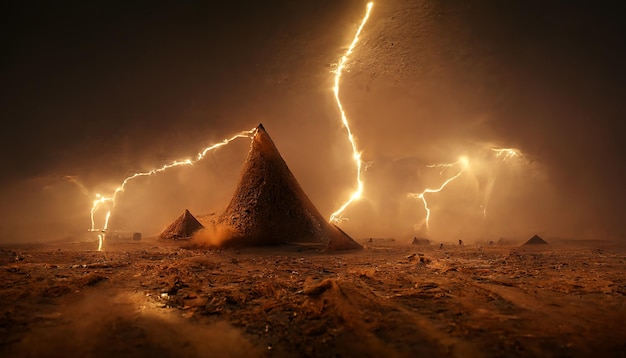 Lightning in the desert Night desert landscape with lightning and sandstorm Fantasy landscape 3D illustration