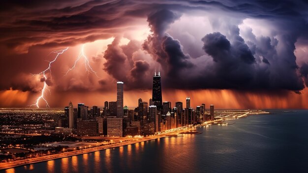 Photo lightning flashes over buildings