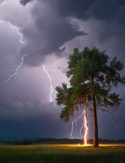 Lightning flashes in the sky and the trees sway in the wind