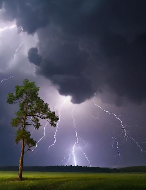 Photo lightning flashes in the sky and the trees sway in the wind