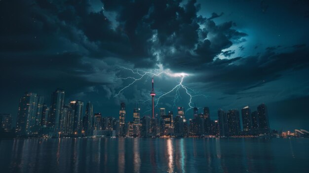 Lightning illuminating the night sky over a city skyline as a thunderstorm rolls in creating a striking contrast between light and darkness