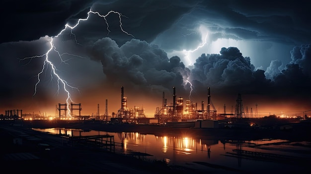 Lightning Over Industrial Area