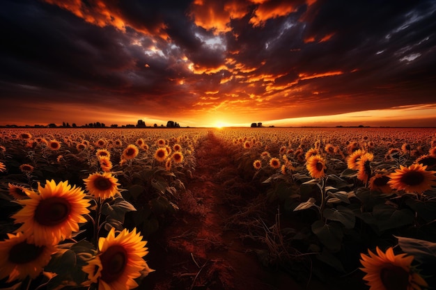 Lightning lights illuminate growing night sunflowers generative IA