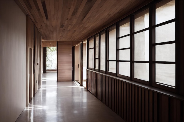 Lightning long hallway in a modern home empty stylish interior\
corridor space with mid century furniture wooden floors and smooth\
walls mockup