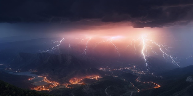 Lightning in mountain stormy weather and natural disaster AI Generated