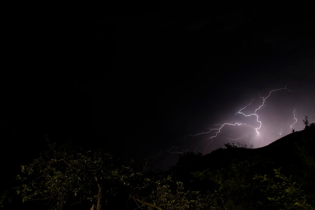 Lightning in the night sky over the forest