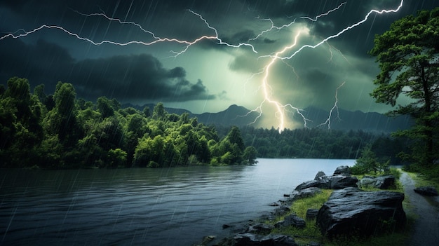 Photo lightning over a riverbank background