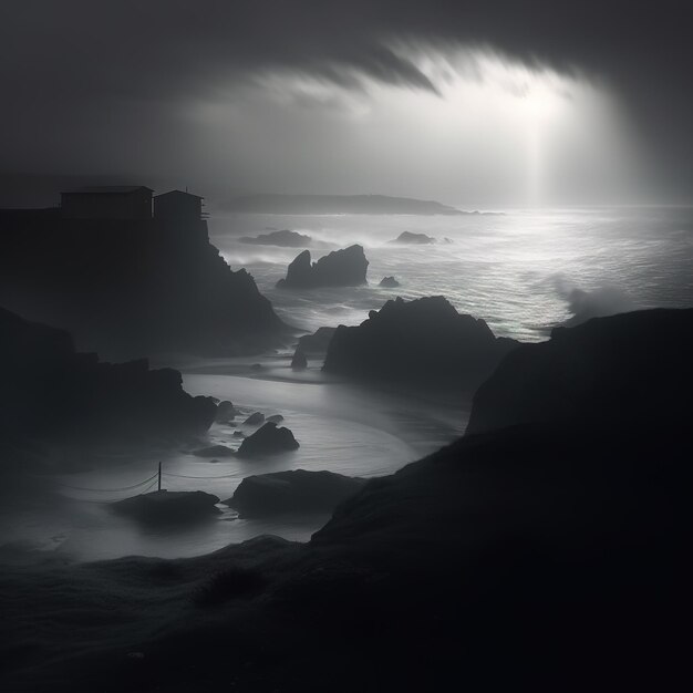 Photo lightning over a rocky sea on a cliff edge