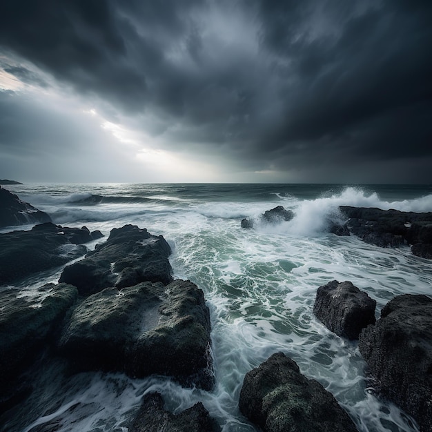 Lightning over a rocky sea on a cliff edge