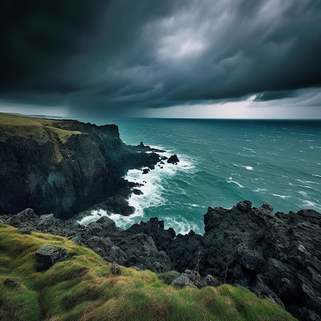 Lightning over a rocky sea on a cliff edge