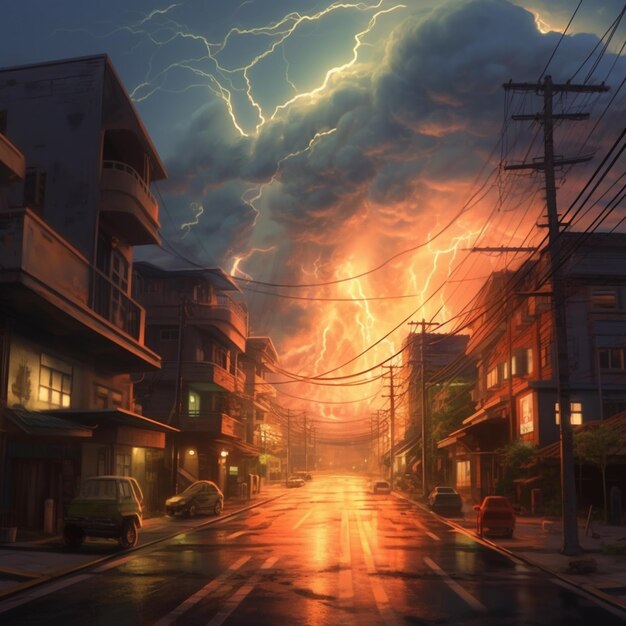 Lightning in the sky over a city street with cars and buildings generative ai