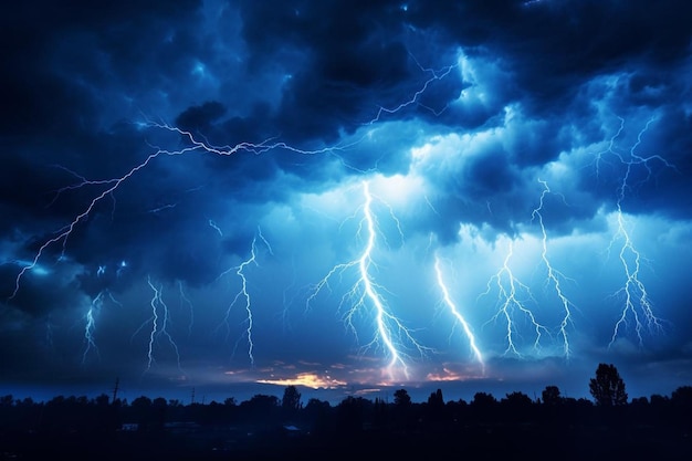 lightning in the sky with a dark blue background