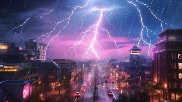 A lightning storm in a city at night Fantasy concept Illustration painting Generative Ai