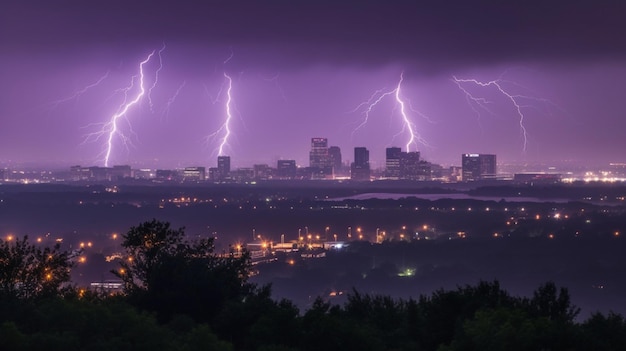 Lightning storm over city in purple light