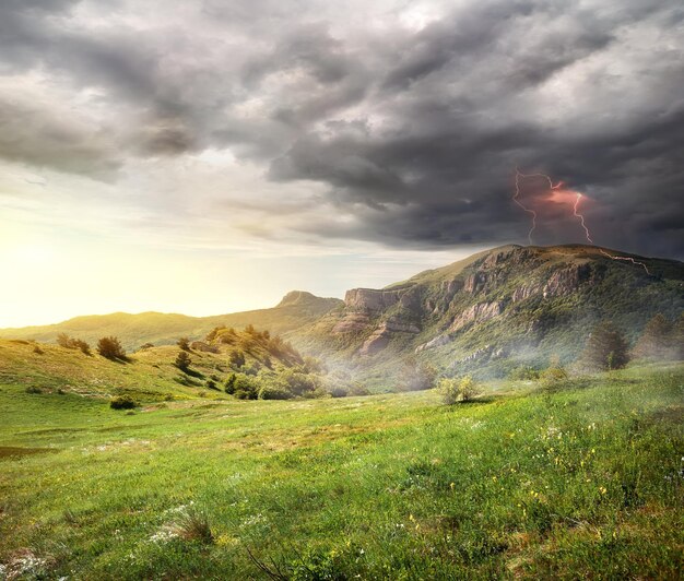 Lightning and storm clouds over the mountains