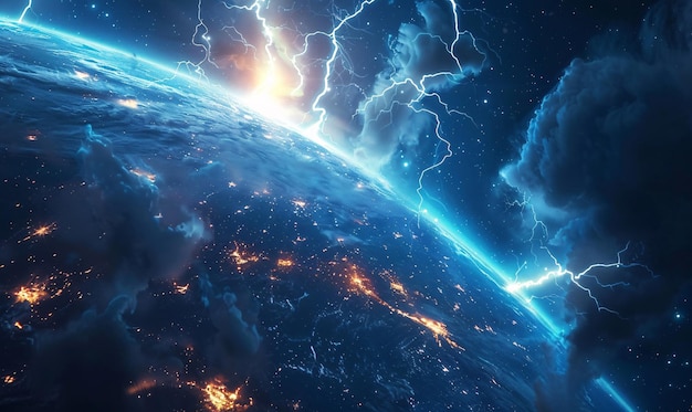 地球上での雷雨 地球磁気爆発のシーン イラスト 末日銀河の爆発