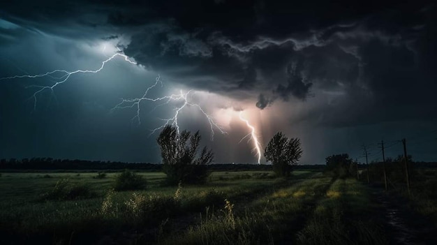 A lightning storm over a field with trees and a field in the background