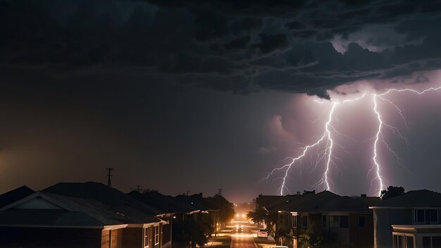 Photo a lightning storm is over a residential neighborhood