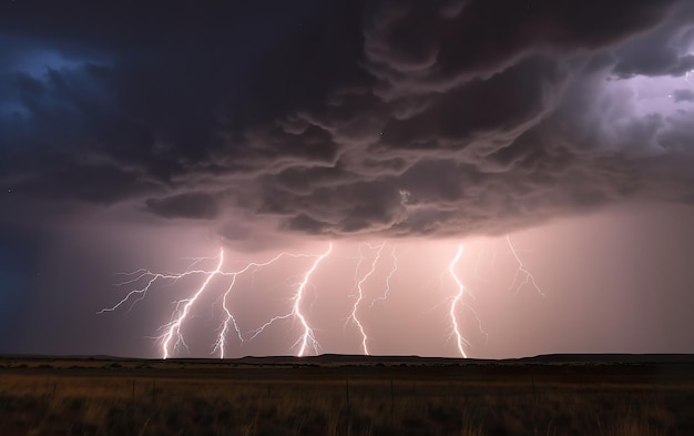 A lightning storm is seen over a field.