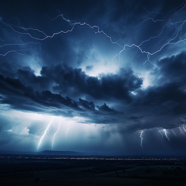 A lightning storm is shown above a city.