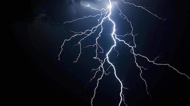 Lightning in storm at night electric flash of thunder on dark blue sky background Concept of thunderbolt thunderstorm strike bolt light nature
