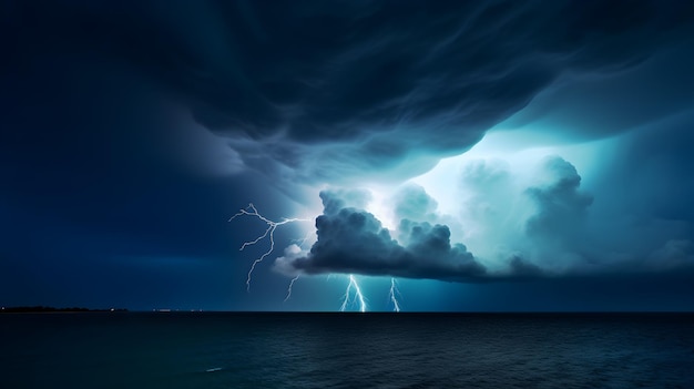 A lightning storm over the ocean with a dark blue sky and clouds