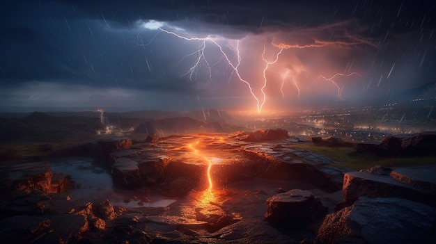 A lightning storm over a rocky landscape with a volcano in the background.