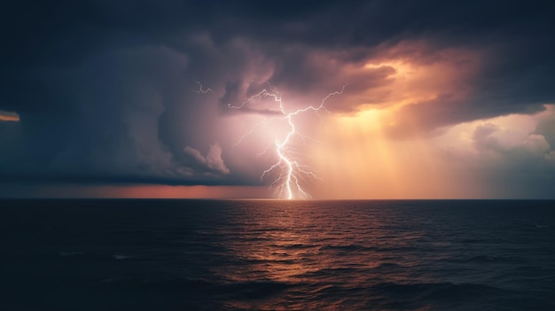 Lightning and storm on sea to the sunset