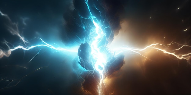 A lightning storm with a blue and orange lightning bolt in the center.