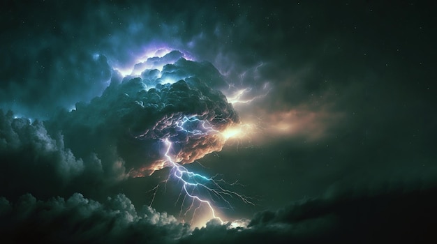 A lightning storm with a large cloud and a lightning bolt