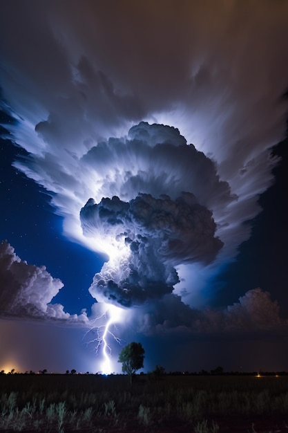 A lightning storm with a man standing in front of it.