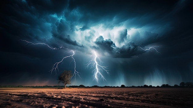 a lightning storm with a tree in the foreground