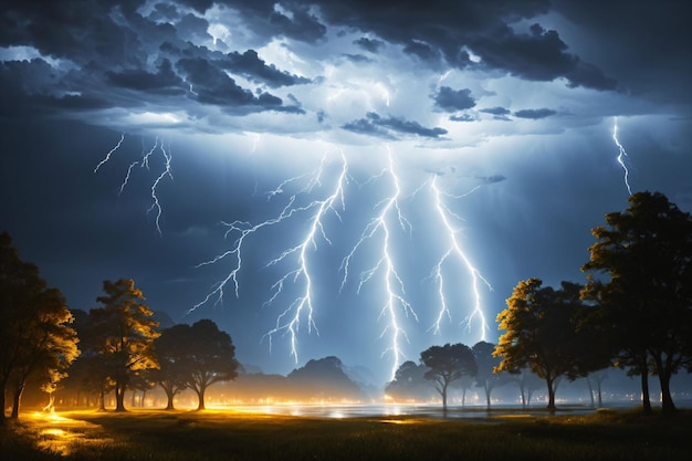 A lightning storm with trees and a cloudy sky