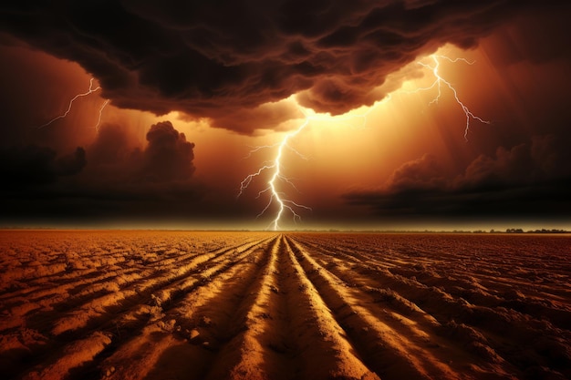 Foto fulmine su un cielo tempestoso temporale ramificato nelle nuvole della notte oscura