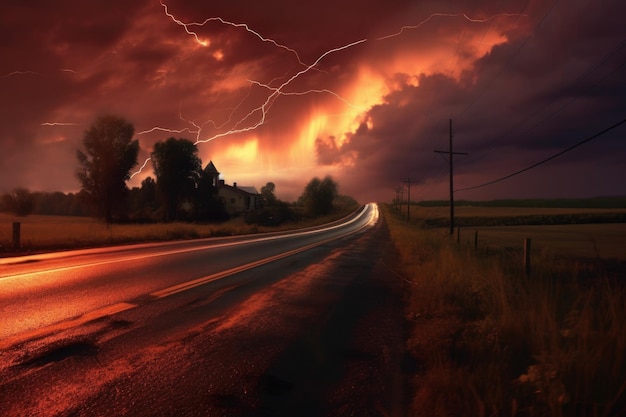 Lightning streaks above a winding empty road in the countryside created with generative ai