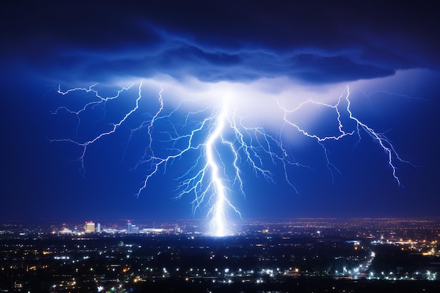 Foto il fulmine colpisce la città di notte.