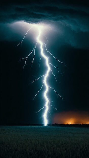 Lightning strike in the field on a dark background