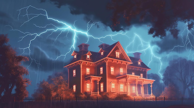 A lightning strike illuminating a haunted mansion Fantasy concept Illustration painting Generative Ai