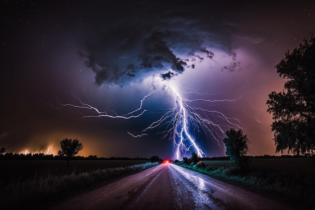 A lightning strike is shown on a dark night sky.