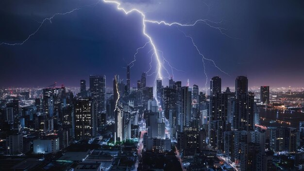 Lightning strike over a modern urban city at night