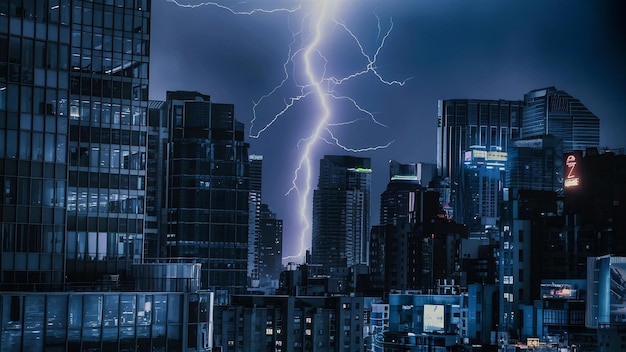 Lightning strike over a modern urban city at night