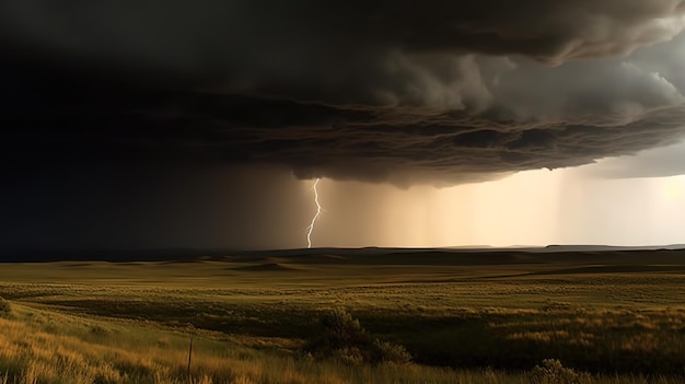 A lightning strike in the sky over a field