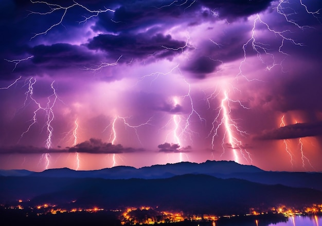 Lightning strikes over a city and mountains in a purple sky generative ai